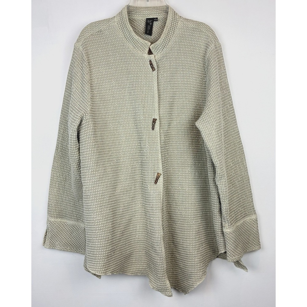 Focus Casual Life Cardigan Womens Large Beige Waffle Knit Cotton Lagenlook Boho